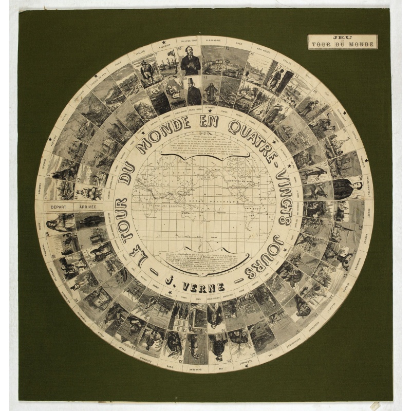 Jules Verne. Le Tour du Monde en 80 jours. [Goose game board inspired by Jules Verne's novel Tour du Monde en 80 jours.]