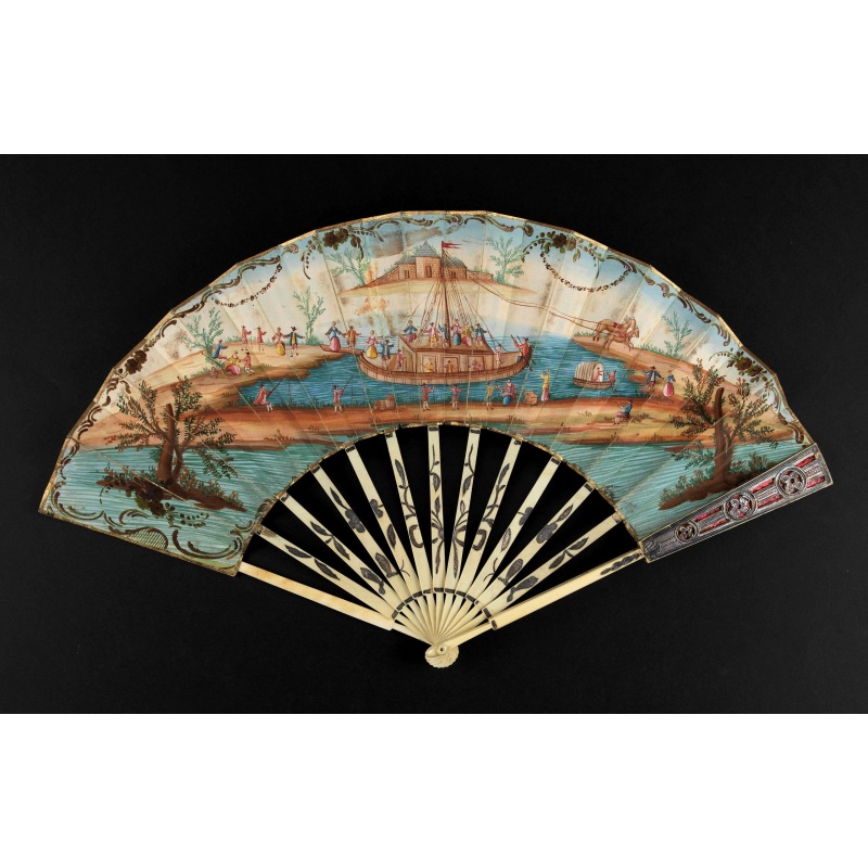 A folding fan showing a nautical festival, ca. 1770.